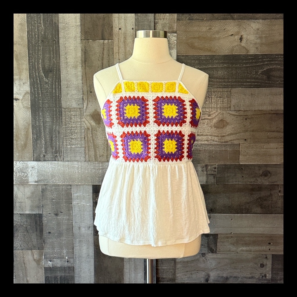 NWT! Maurice’s granny square crochet babydoll top XLarge coastal grandma boho